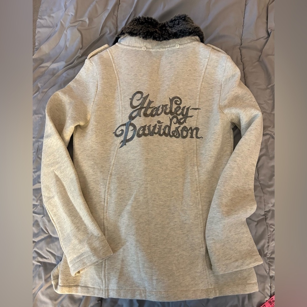Harley-Davidson Light Beige Pea Coat with Faux Fur Collar - Picture 7 of 9
